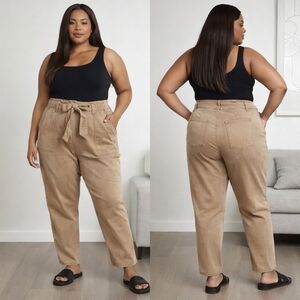 Eloquii Denim Paperbag Waist Tie-Belt Pants Khaki Tan Size 16W Contemporary Tape